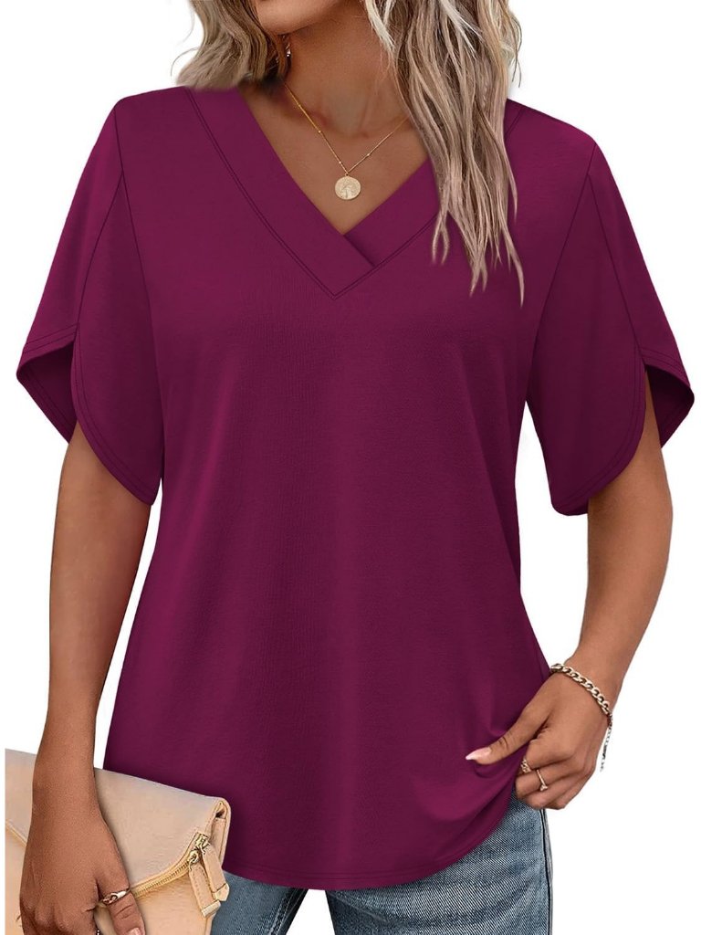 Women's Deep Purple Elegant V Neck Short Petal Sleeve Summer Fashion Flair Tops